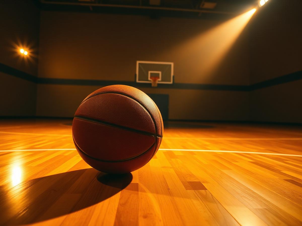 A basketball lit by a single spotlight on a hardwood court