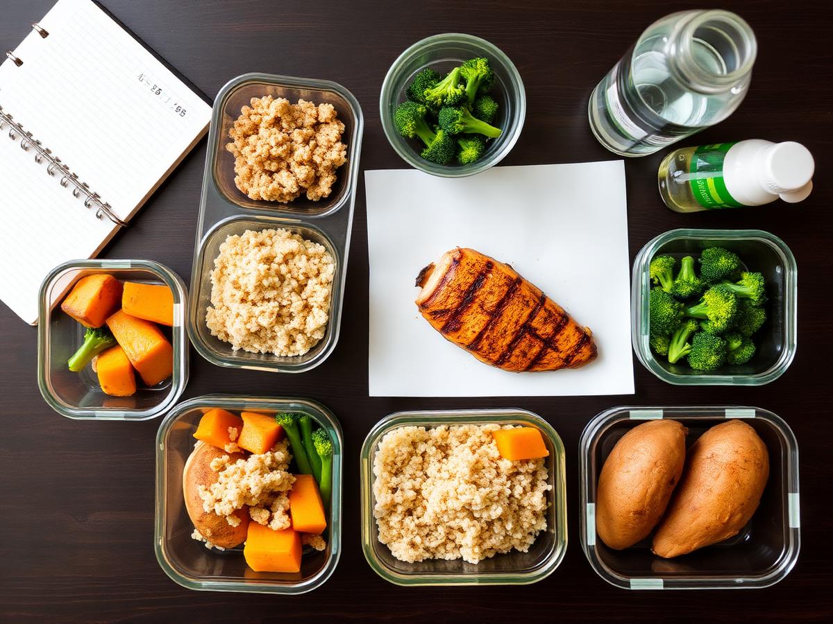 Meal-prep containers with grilled chicken, rice, broccoli, and sweet potato on a dark table