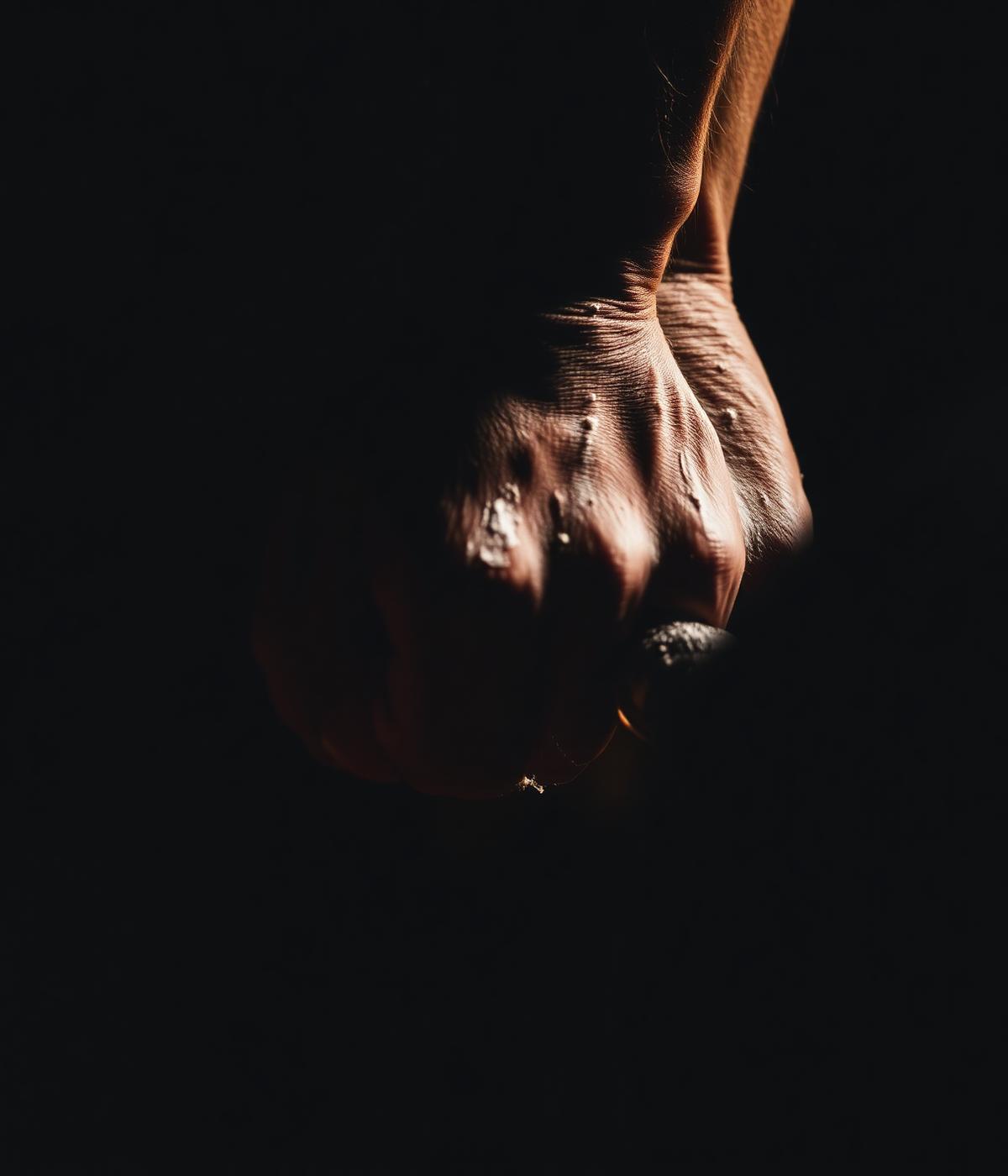Chalked hands gripping a loaded barbell under warm side light